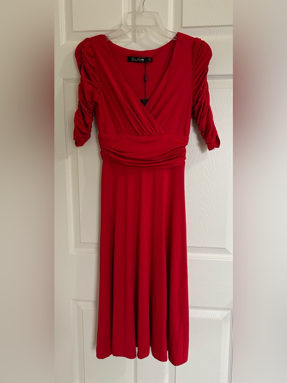 Ever Pretty Red Midi Wrap Dress with Ruched Sleeves